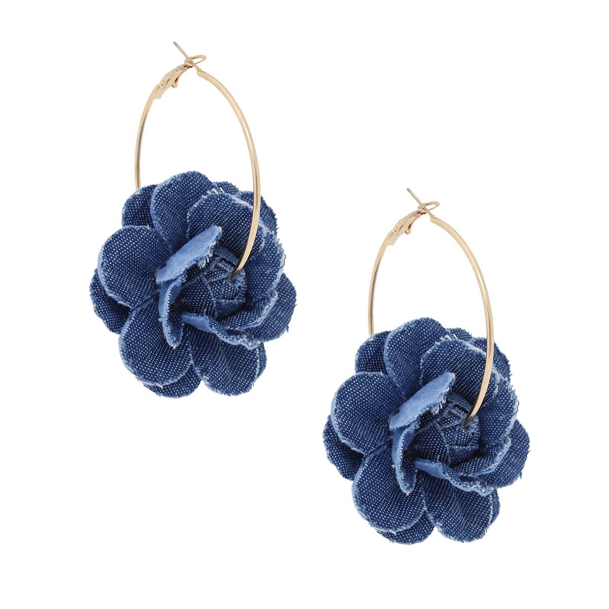 Hoop Denim Dimensional Flower Gold Earrings