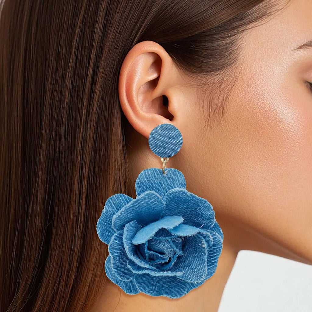 Drop Blue Denim Dimensional Flower Earrings Women