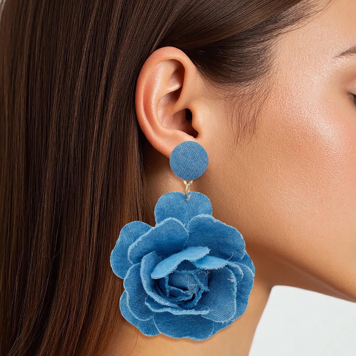 Drop Blue Denim Dimensional Flower Earrings Women