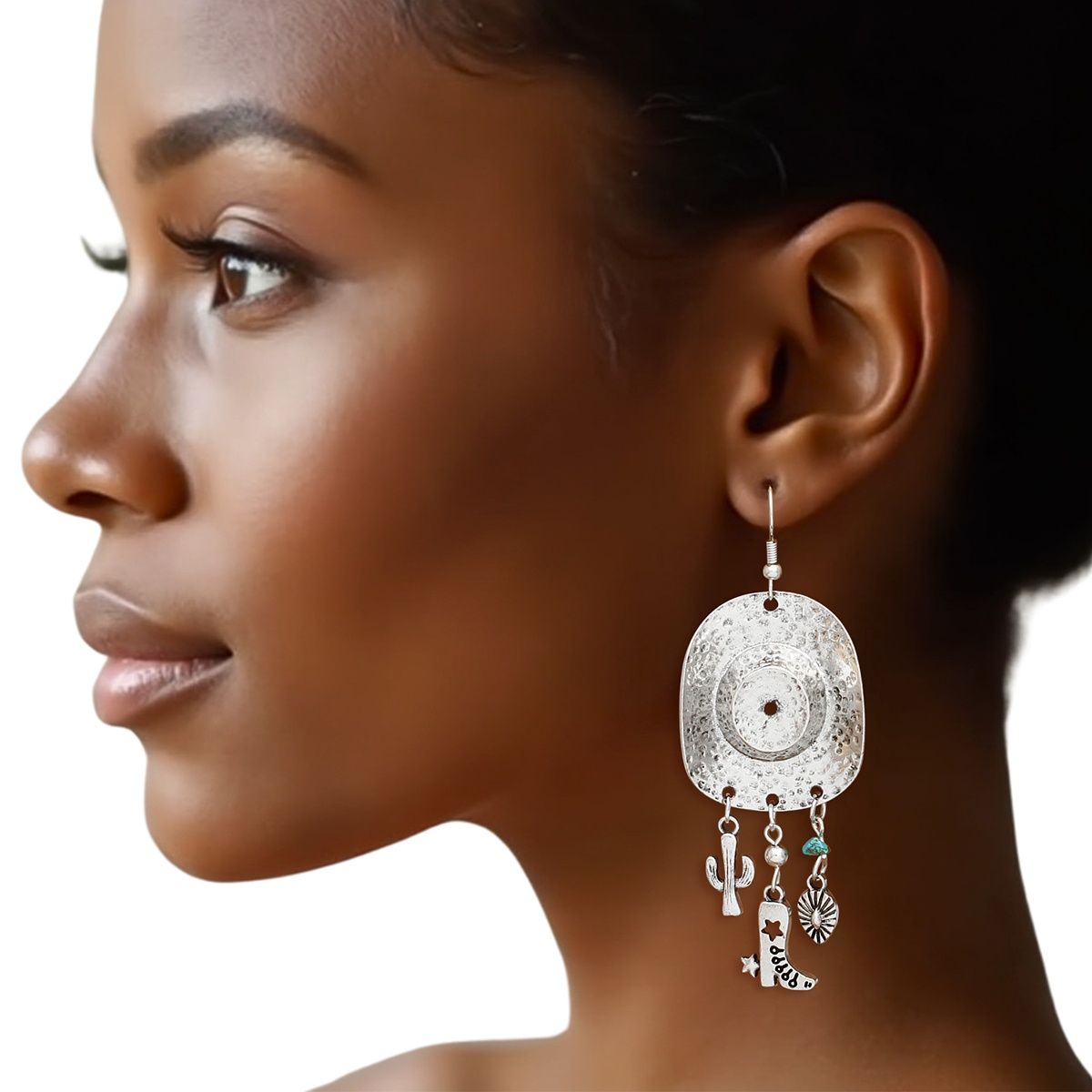 Fish Hook Silver Cowgirl Hat Western Earrings