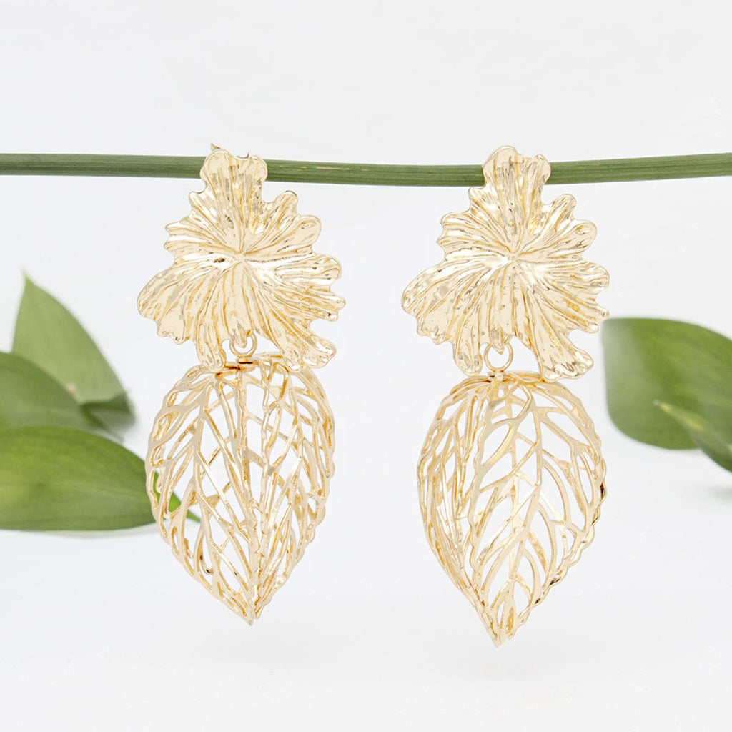 Drop Architectural Gold 3D Caged Leaf Earrings