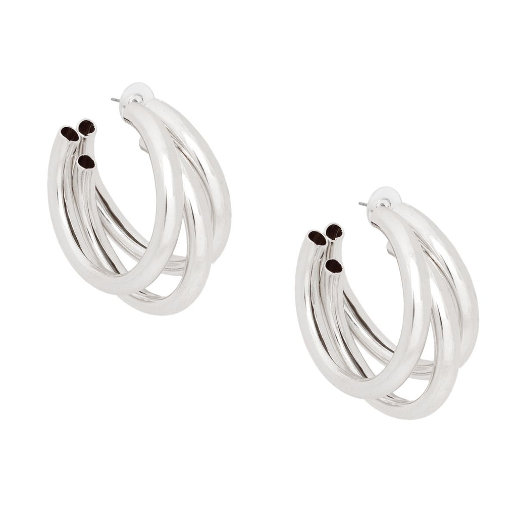 Hoop Triple Threat Silver Metal Tube Earrings