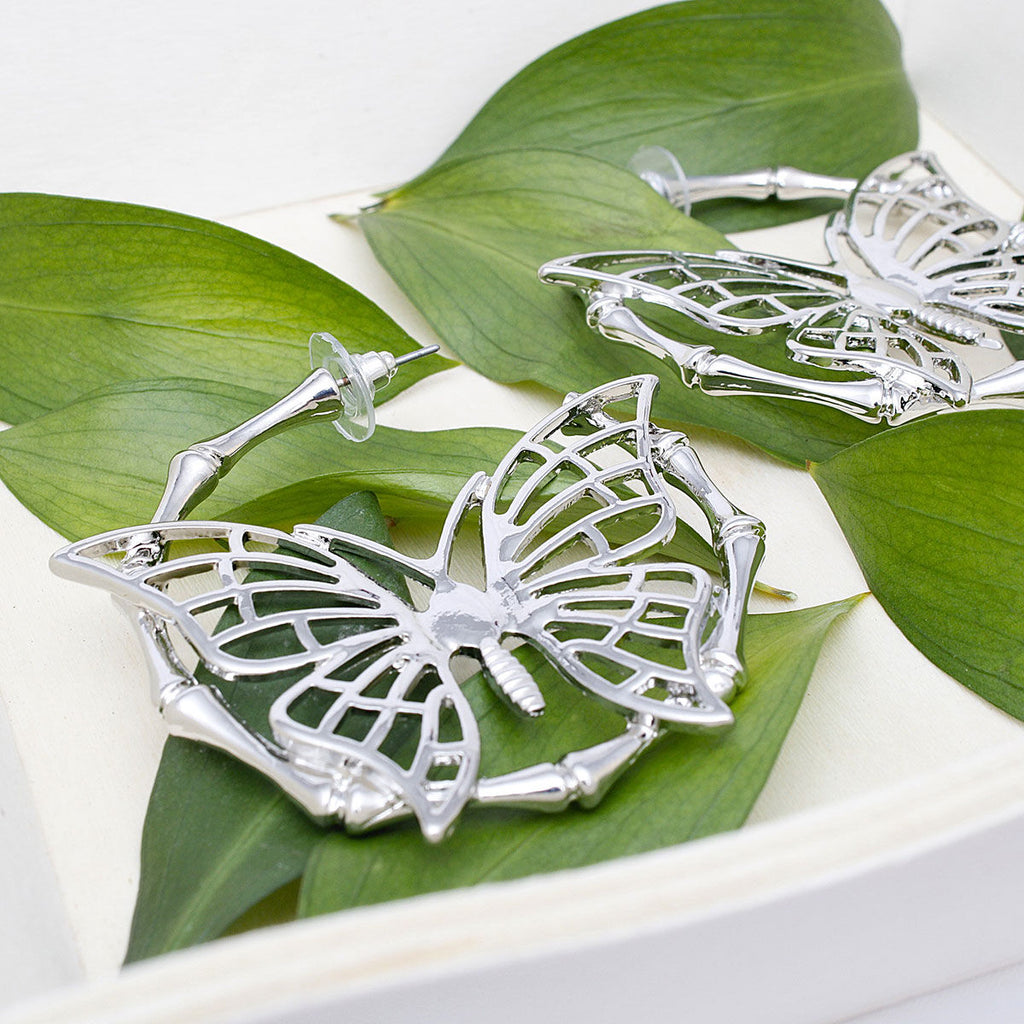 Hoop Dimensional Butterfly Silver Bamboo Earrings