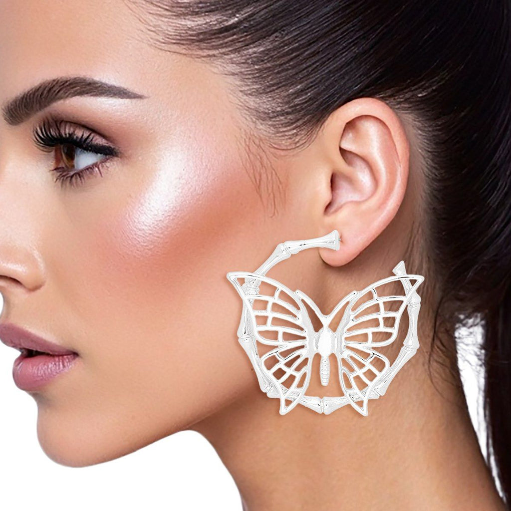 Hoop Dimensional Butterfly Silver Bamboo Earrings