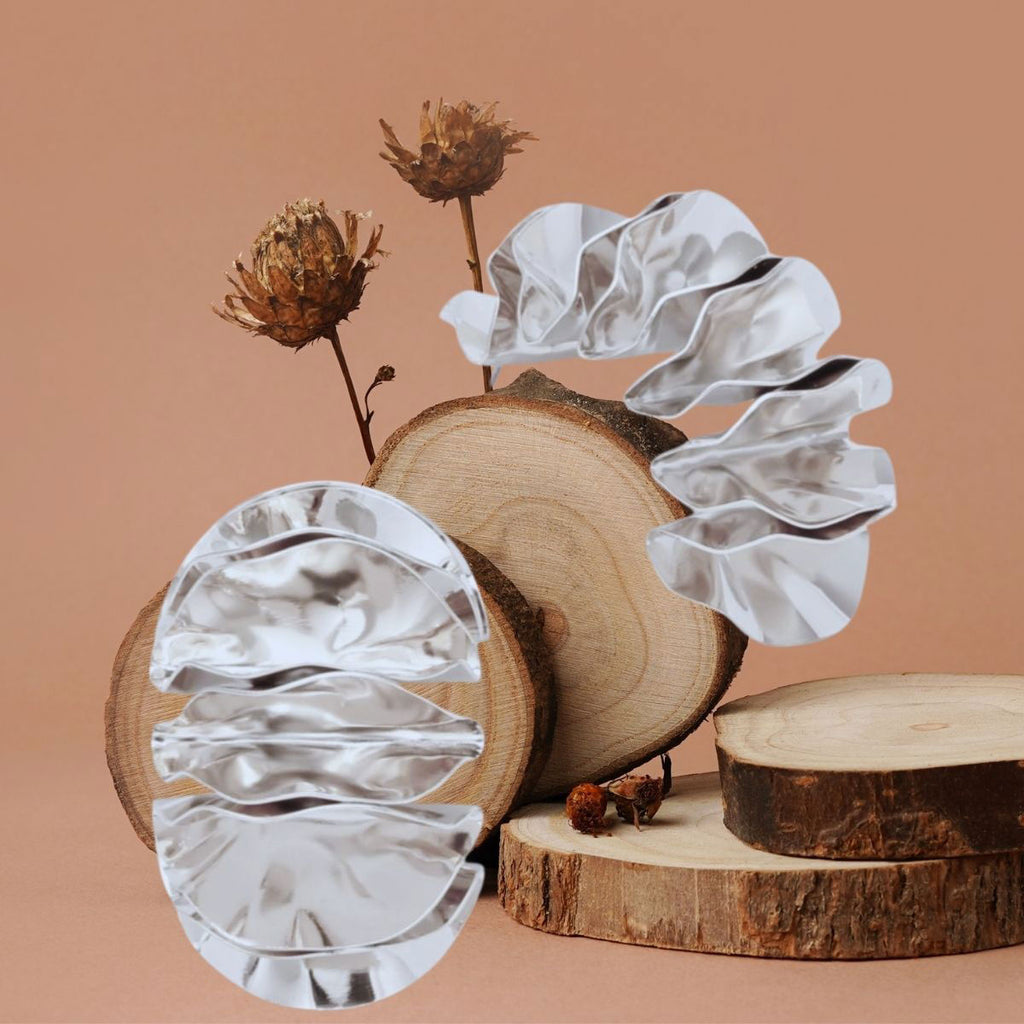 Stud Molded and Folded Silver Metal Fanned Earrings