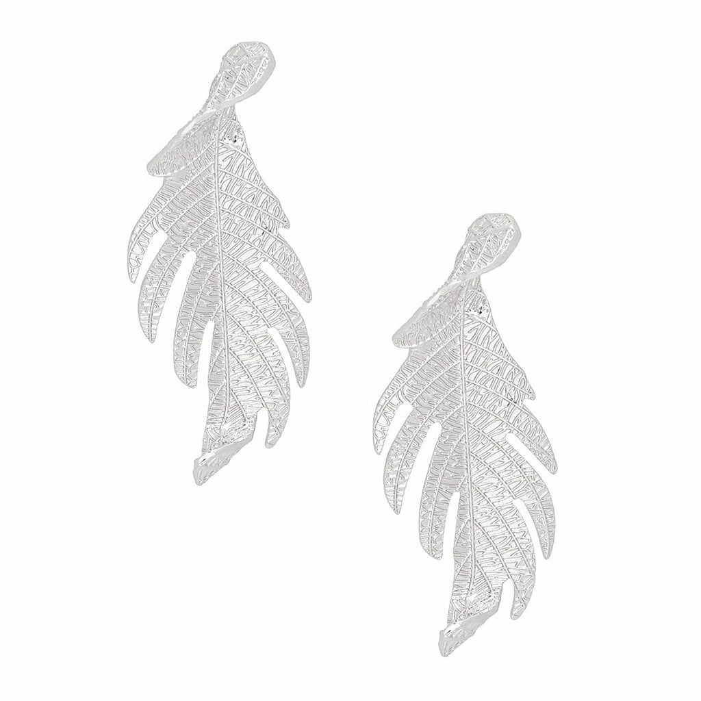 Stud Elongated Silver Twisted Leaf Organic Earrings
