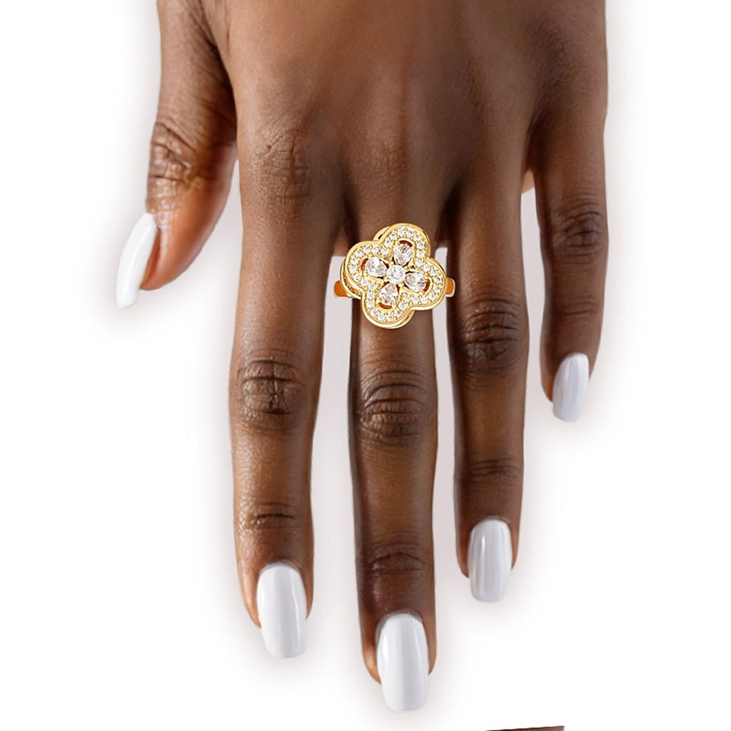 Ring Gold Brass Glam CZ Spinning Quatrefoil Clover