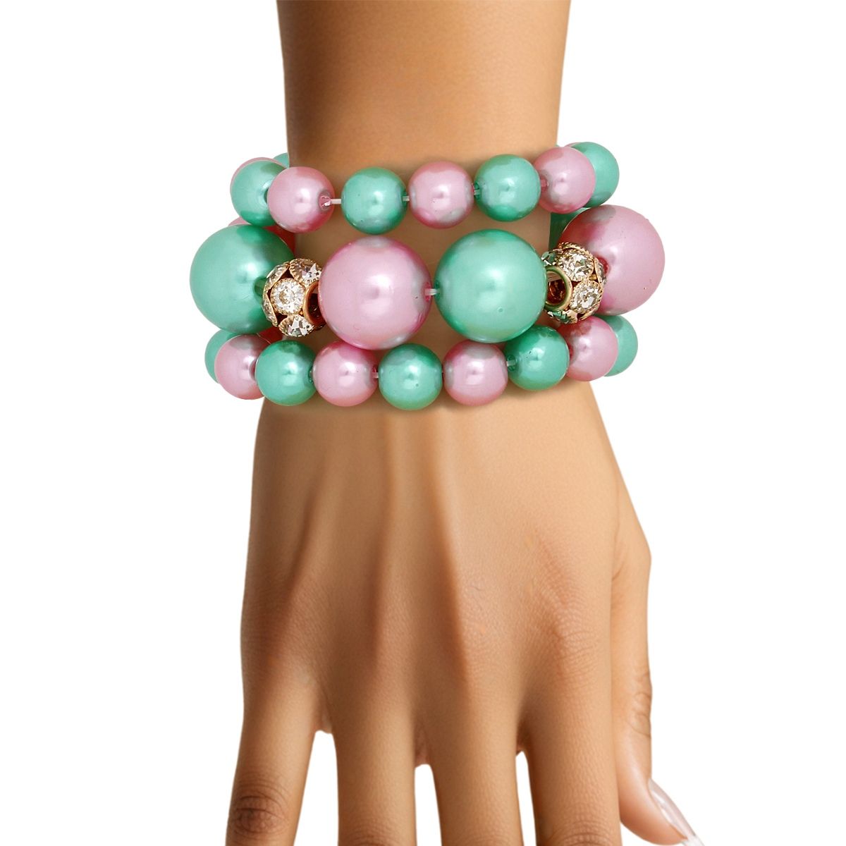 AKA Pink Green Pearl 3 Pcs Chunky Bracelet Set