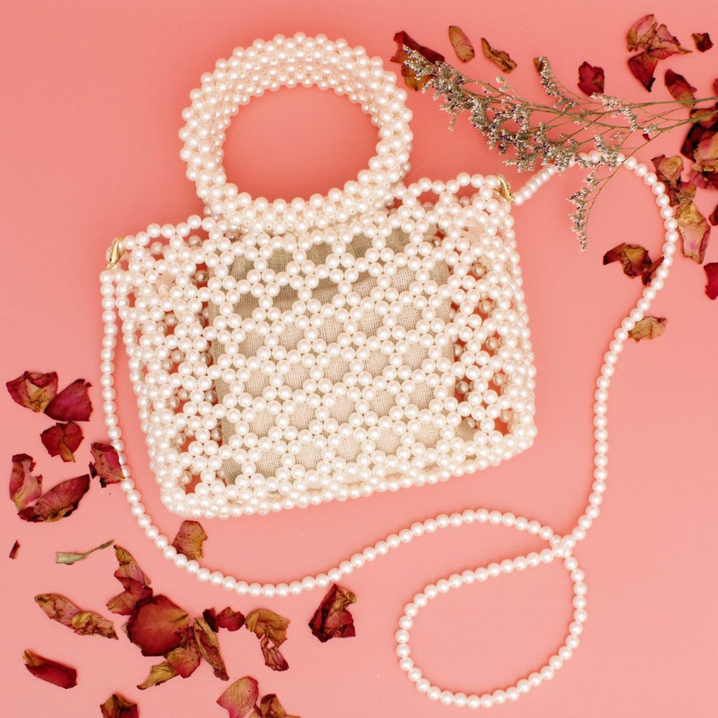 Top Handle Square Cream Pearl Woven Handbag