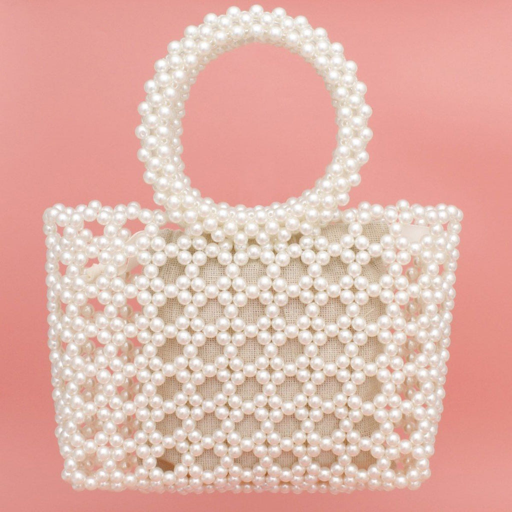 Top Handle Square Cream Pearl Woven Handbag