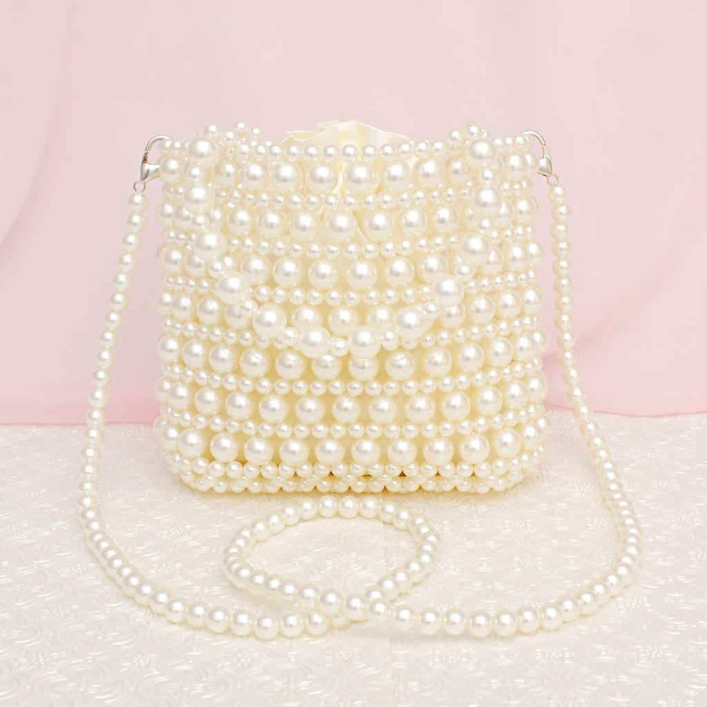 Top Handle Vintage Woven Cream Pearl Crossbody Bag