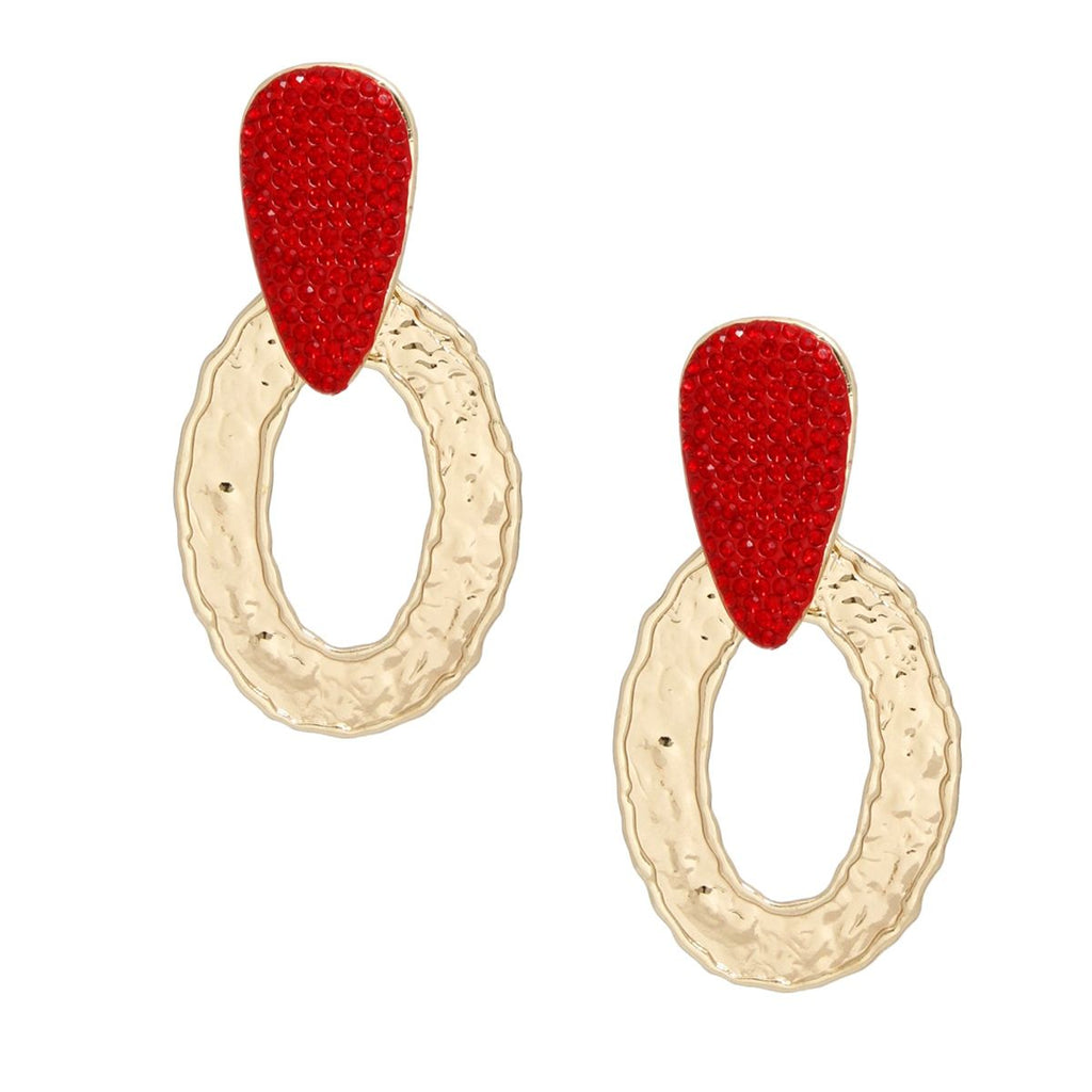 Drop Gold Red Rhinestone Elongated Oval Earrings