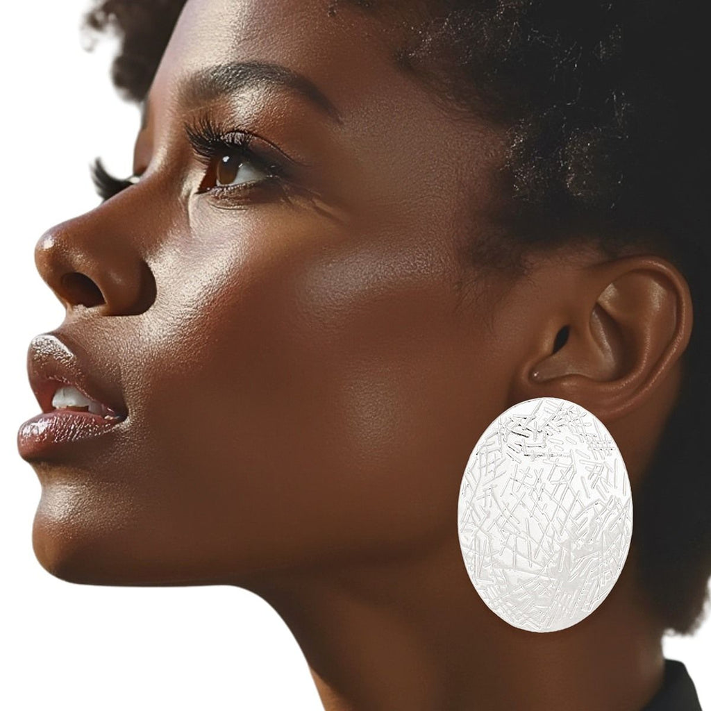 Stud Silver Metal Scratched Oval Plate Earrings
