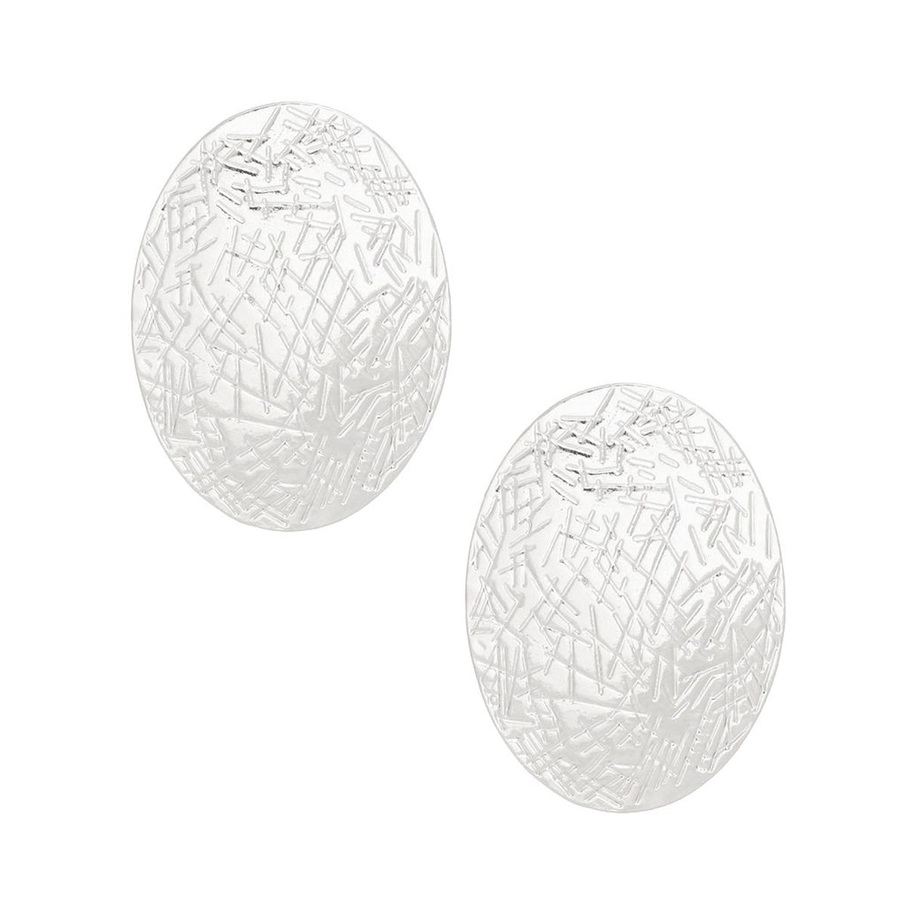 Stud Silver Metal Scratched Oval Plate Earrings