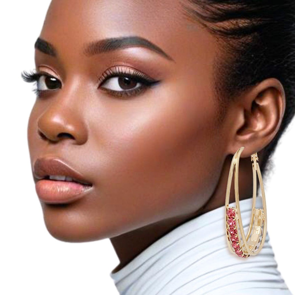 Hoops Oval Gold Split Fuchsia Rhinestone Earrings