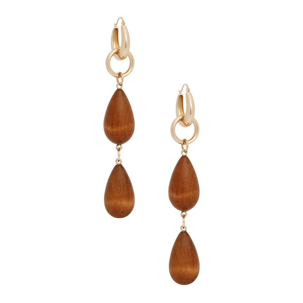 Hoop Brown Wood Teardrop Long Gold Earrings