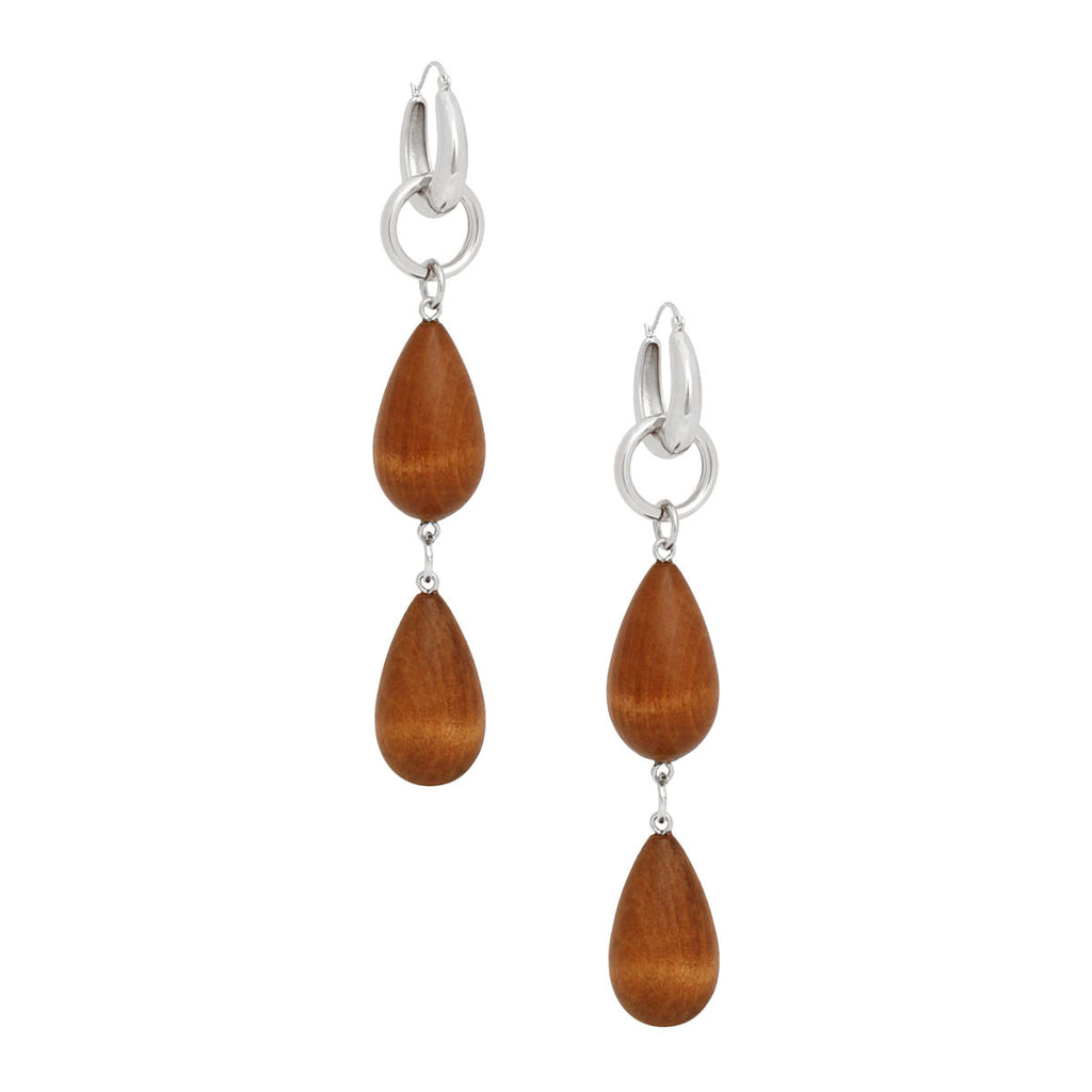 Hoop Brown Wood Teardrop Long Silver Earrings