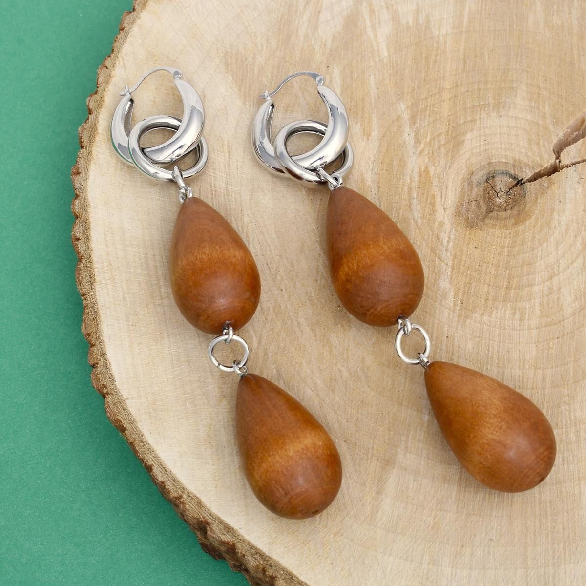 Hoop Brown Wood Teardrop Long Silver Earrings