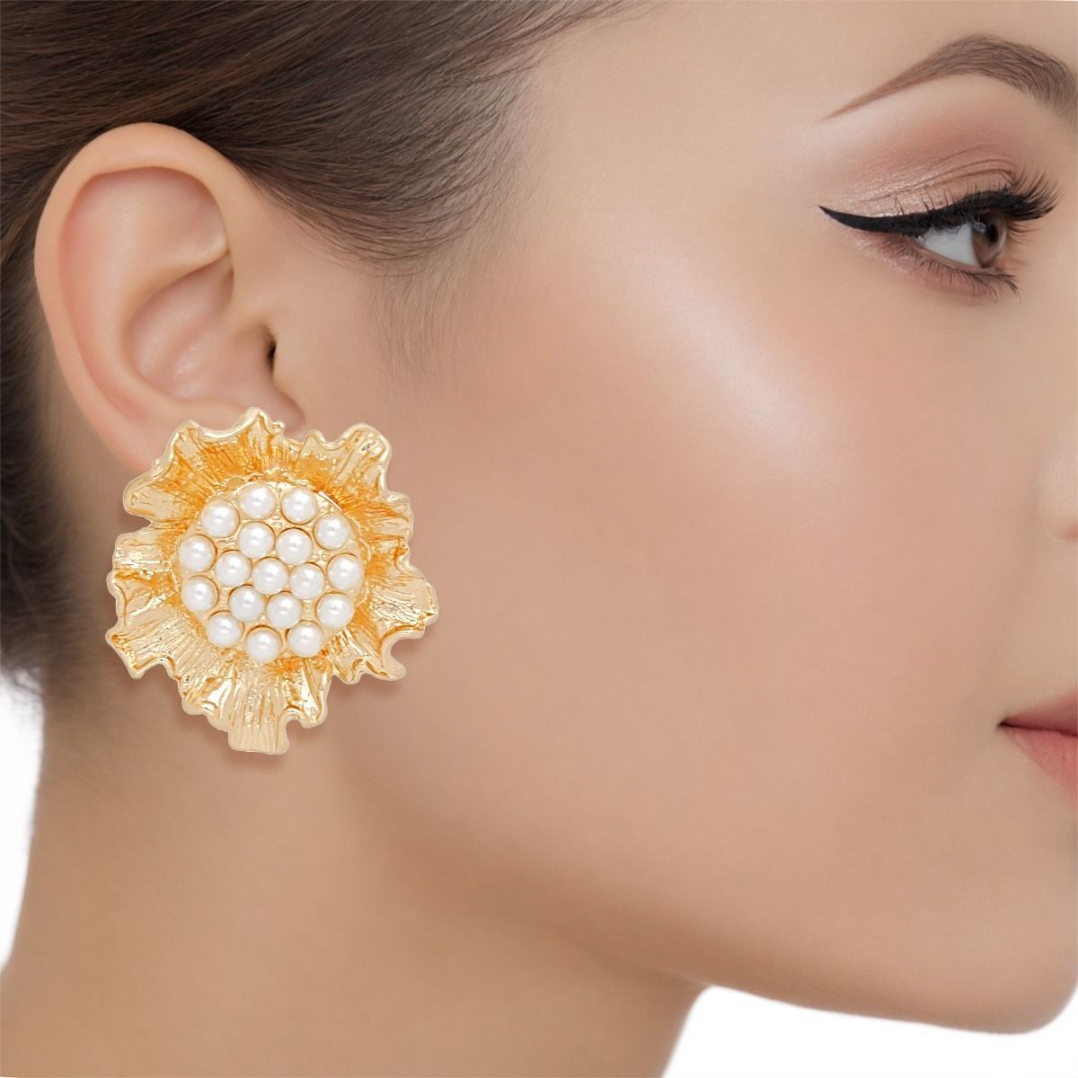 Clip On Gold Sculpted Floral Cream Pearl Earrings
