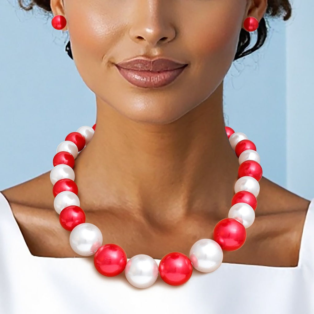 DST Red White Single Strand Chunky Pearl Necklace