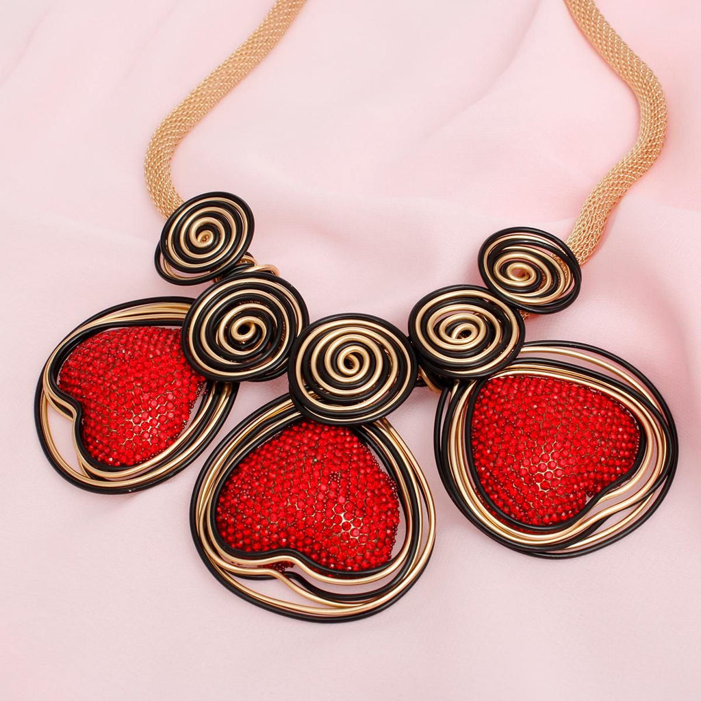 Bib Red Rhinestone Heart Gold Black Wire Set