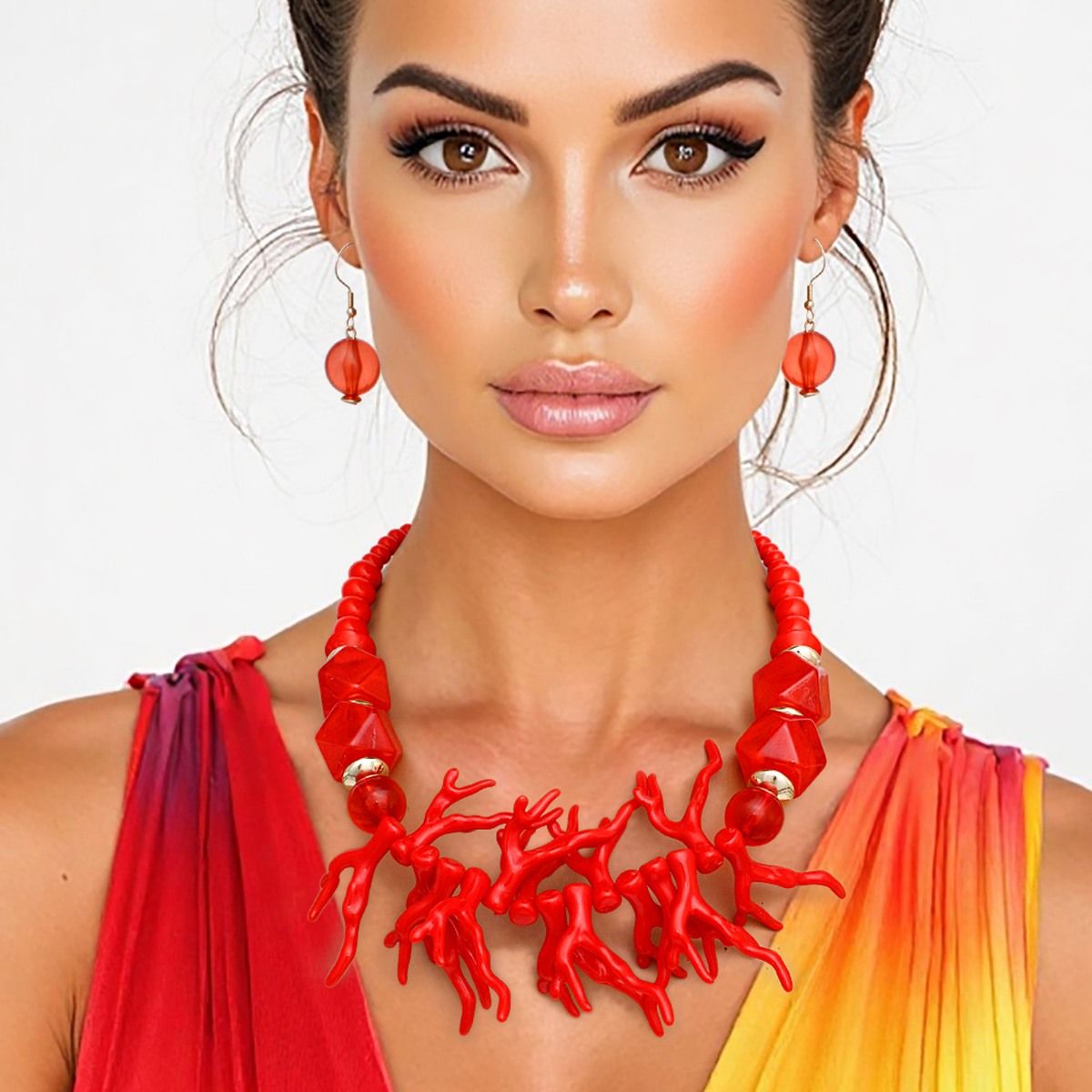 Collar Red 3D Coral Beaded Necklace for Women