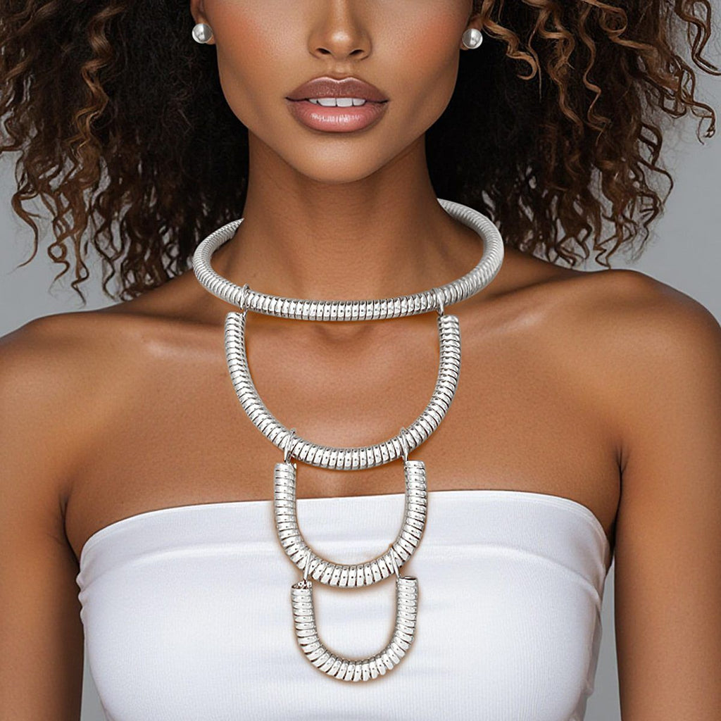 Bib Silver Rigid Coiled Spring U Drop Necklace