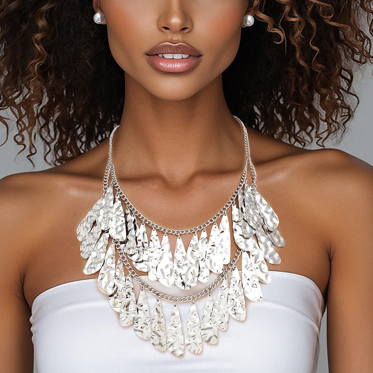 Bib Silver Tiered Teardrop Dangle Necklace Women