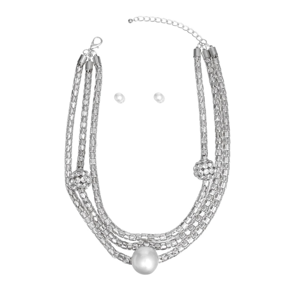 Layered Silver Mesh Snake Chain Ball Pearl Set