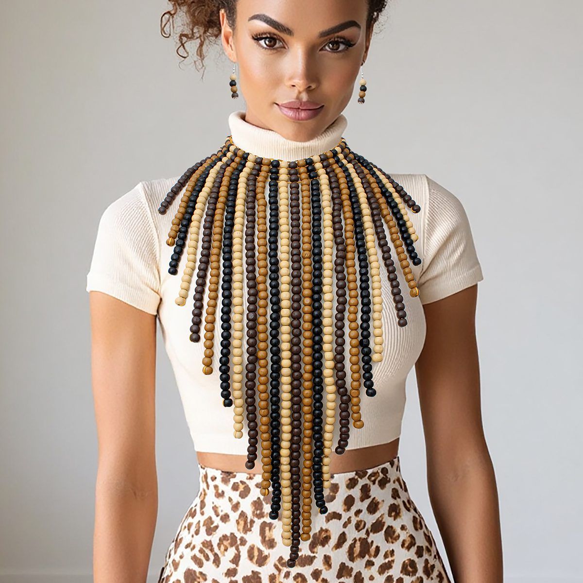 Bib Long Brown Wood Bead Fringe Global Necklace