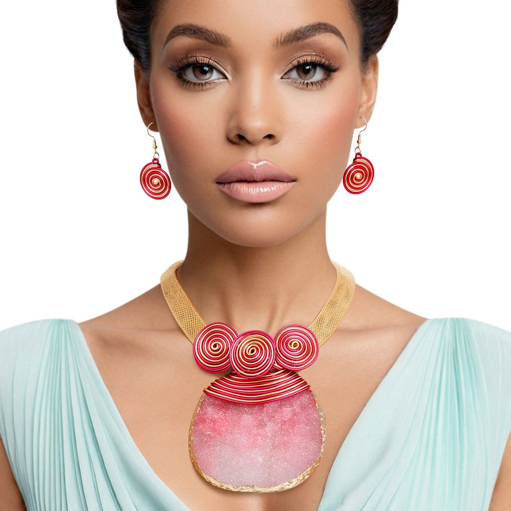 Pendant Pink Druzy Stone Wire Tribal Necklace