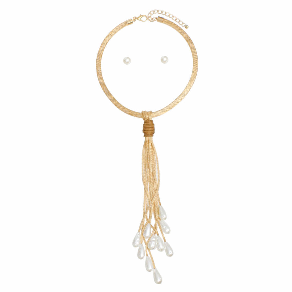 Tassel Necklace Gold Teardrop Pearl Leather Set