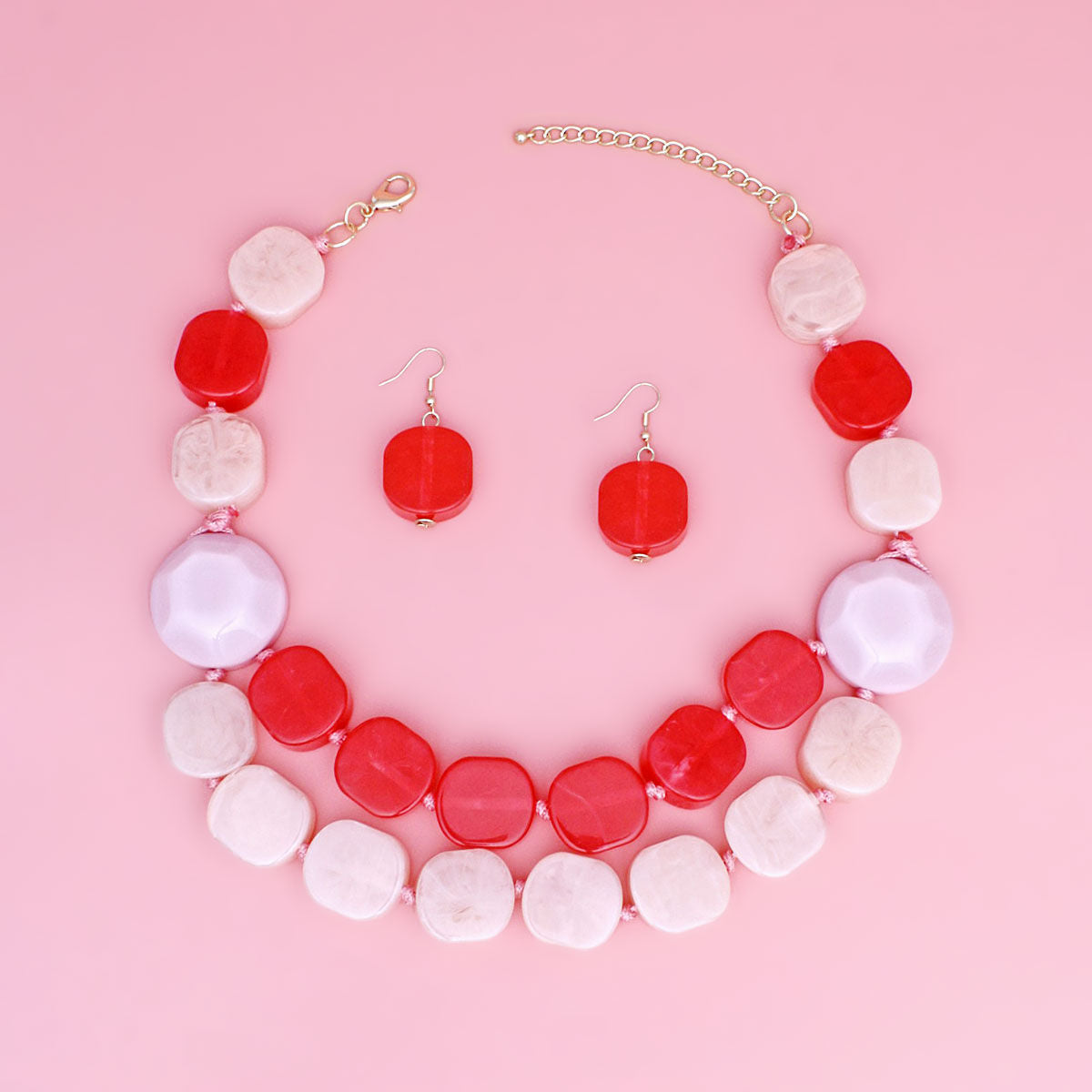 Bead Pink Marbled Geometric Chunky Necklace