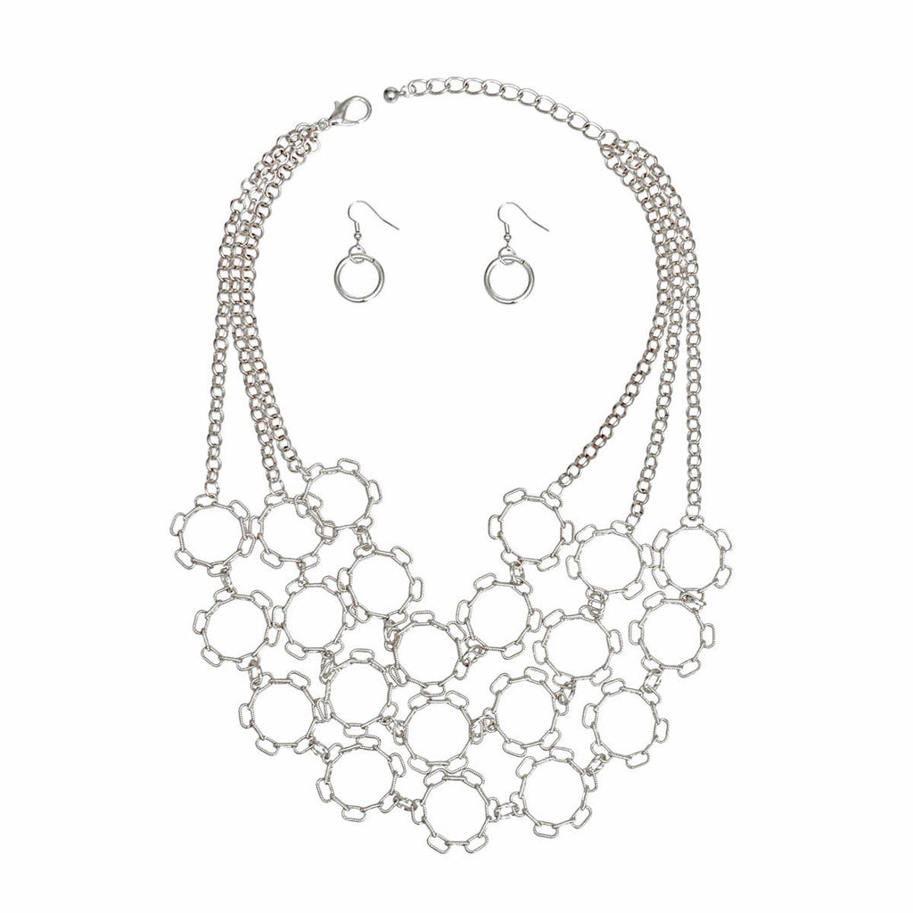 Chain Multi Row Multi Circle Silver Bib Necklace