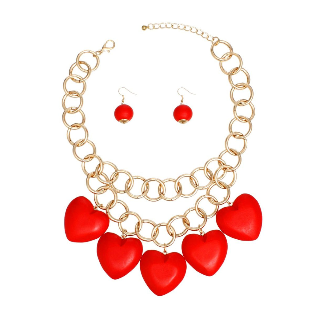 Bib Chunky Red Wooden Heart Bead Necklace