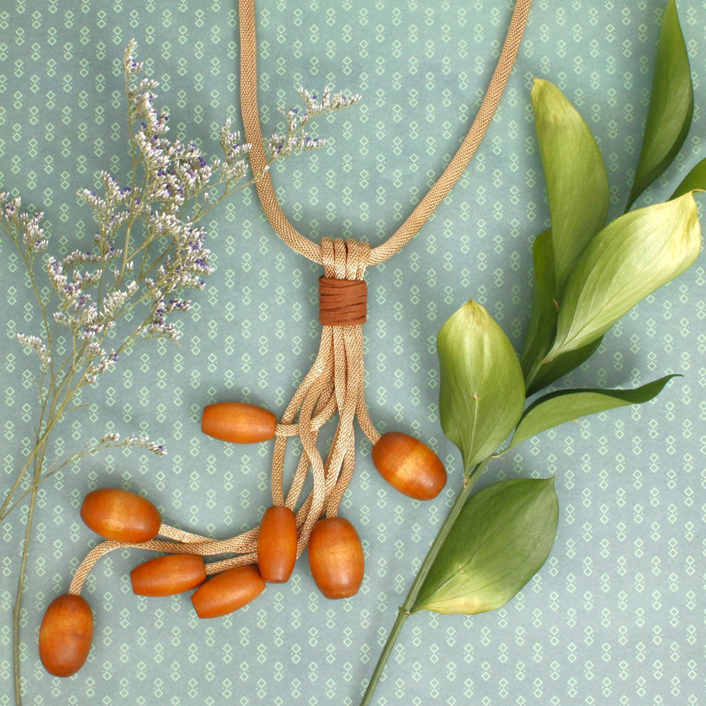Tassel Gold Mesh Brown Wooden Bead Necklace