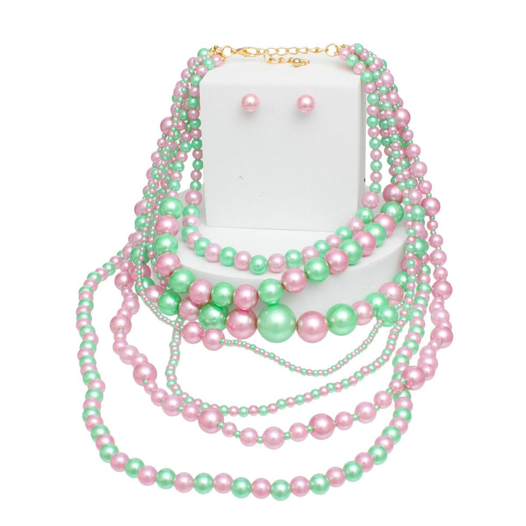 AKA Sorority Pink Green 7 Strand Pearl Necklace