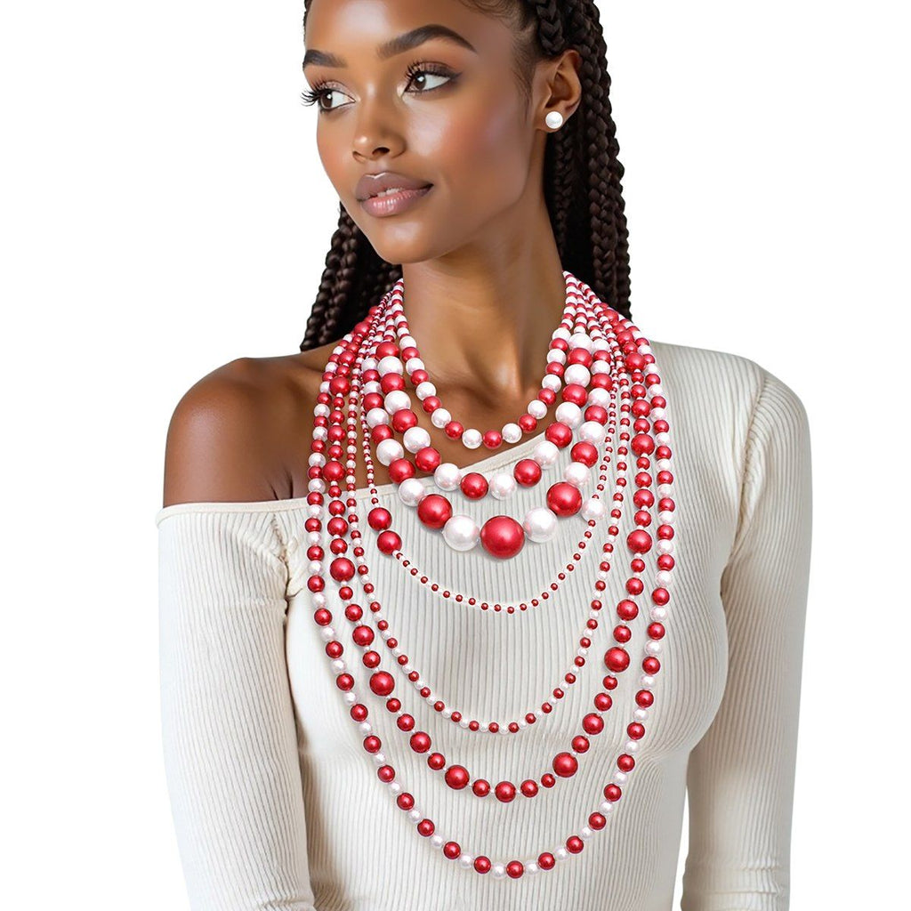 DST Sorority Red White 7 Strand Pearl Necklace