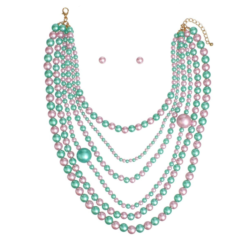 AKA Pink Green Pearl Long Layers 6 Strand Necklace