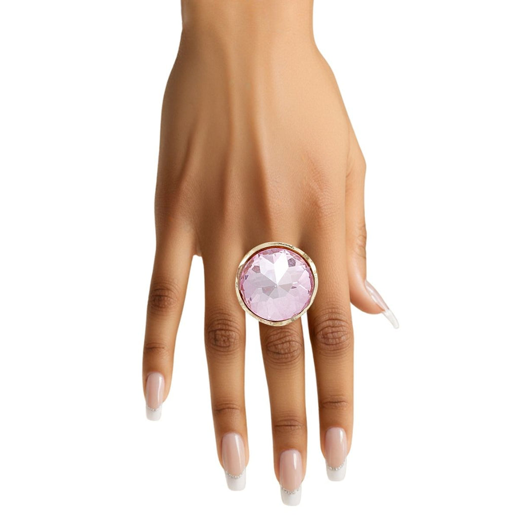 Cocktail Round Cut Pink Crystal Gold Stretch Ring
