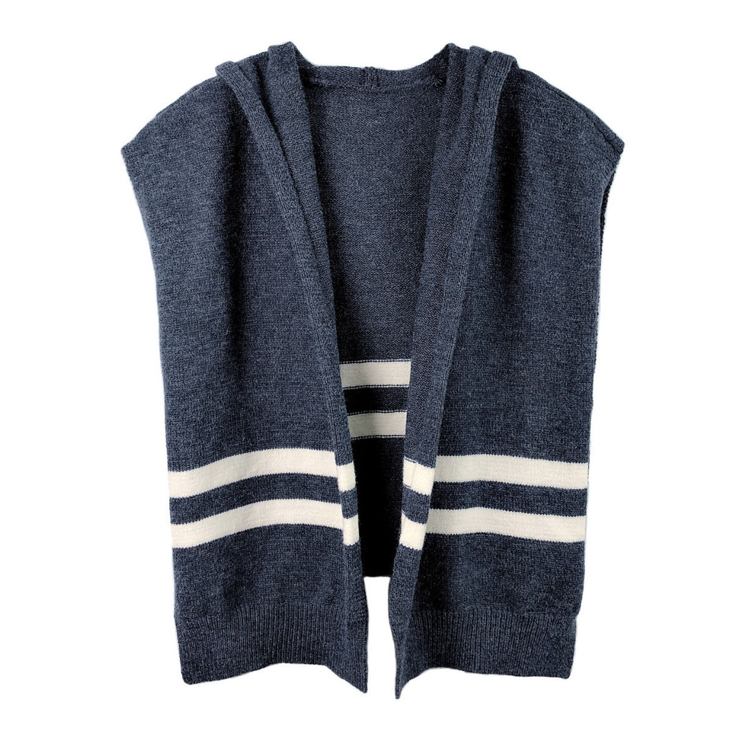 Blue Hooded Knit Tied Shoulder Sweater