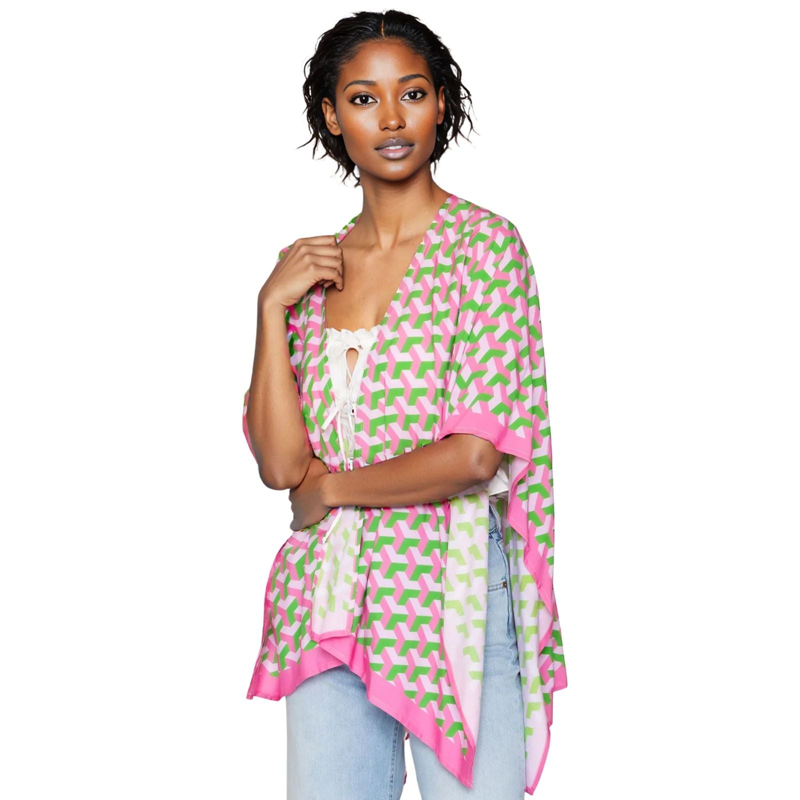 Kimono Pink Green Block Print AKA Women