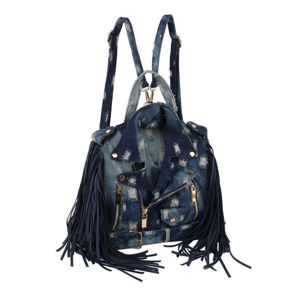 Moto Backpack Dark Distressed Denim Handbag
