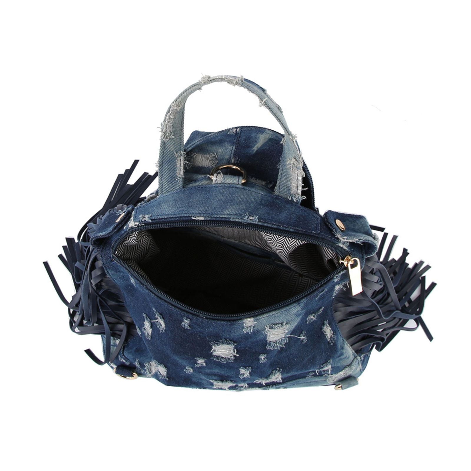 Moto Backpack Dark Distressed Denim Handbag