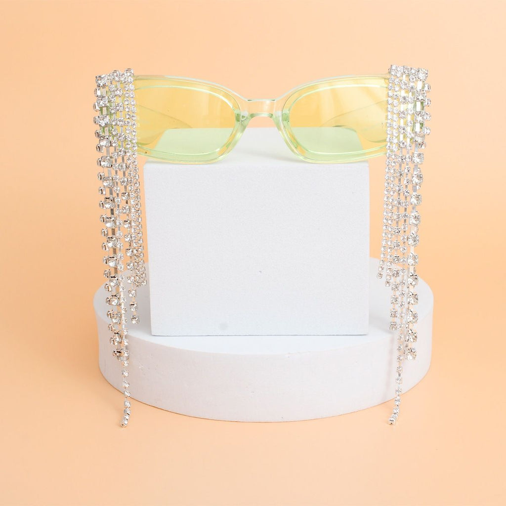 Sunglasses Green Rectangle Rhinestone Fringe