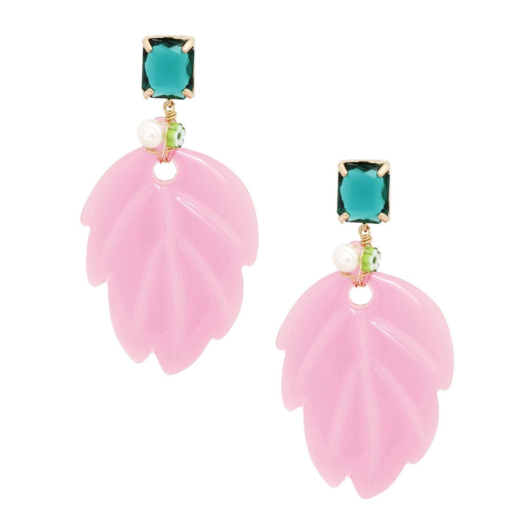 AKA Pink and Green Tropical Leaf Drop Earrings