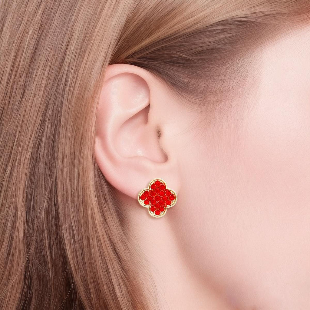 Studs Red Rhinestone Quatrefoil Clover Earrings