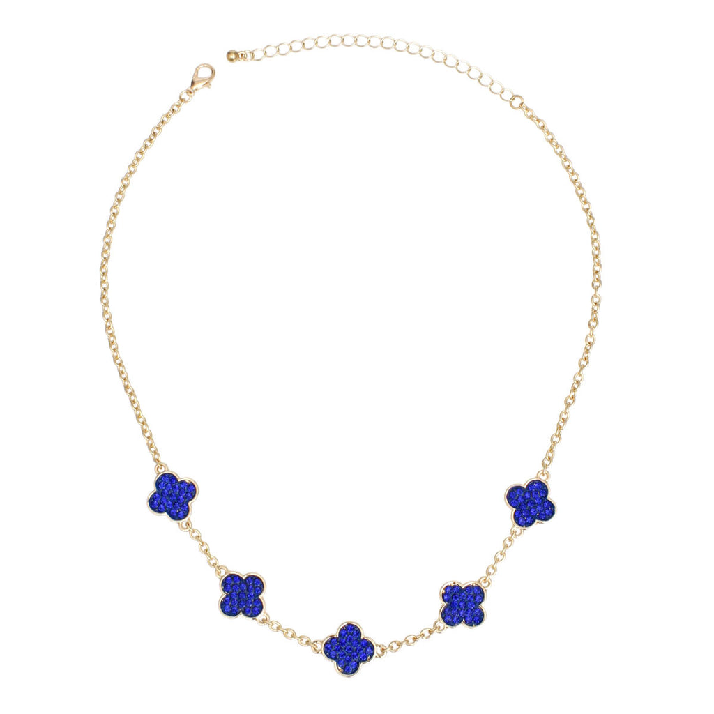 Necklace Gold Blue Rhinestone Quatrefoil Clovers