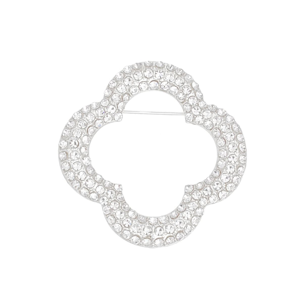 Brooch Silver Rhinestone Quatrefoil Clover Pin