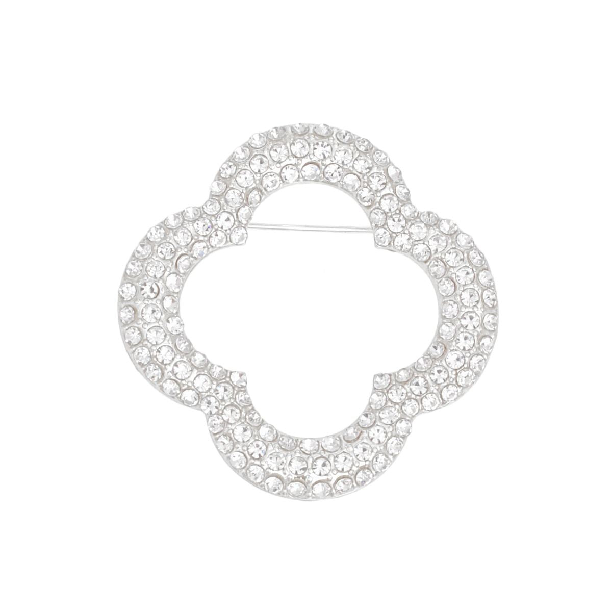 Brooch Silver Rhinestone Quatrefoil Clover Pin